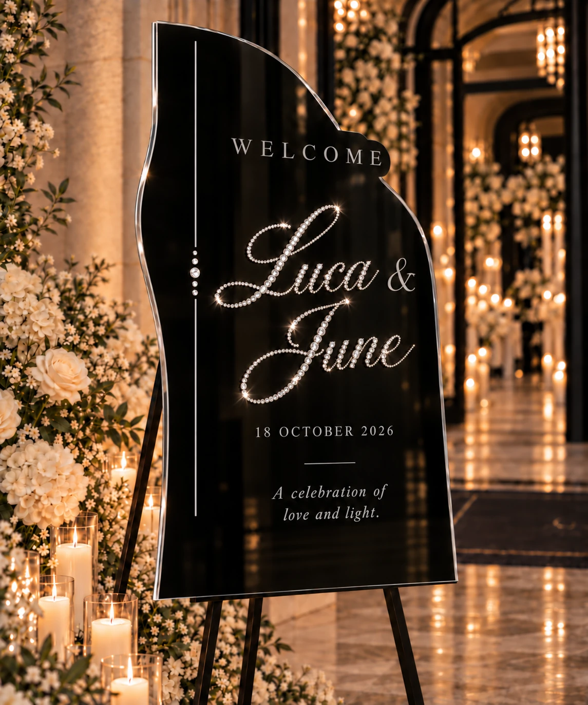 Propuesta visual de Wedding Welcome Board sobre caballete, con los nombres de la pareja en cristales finos